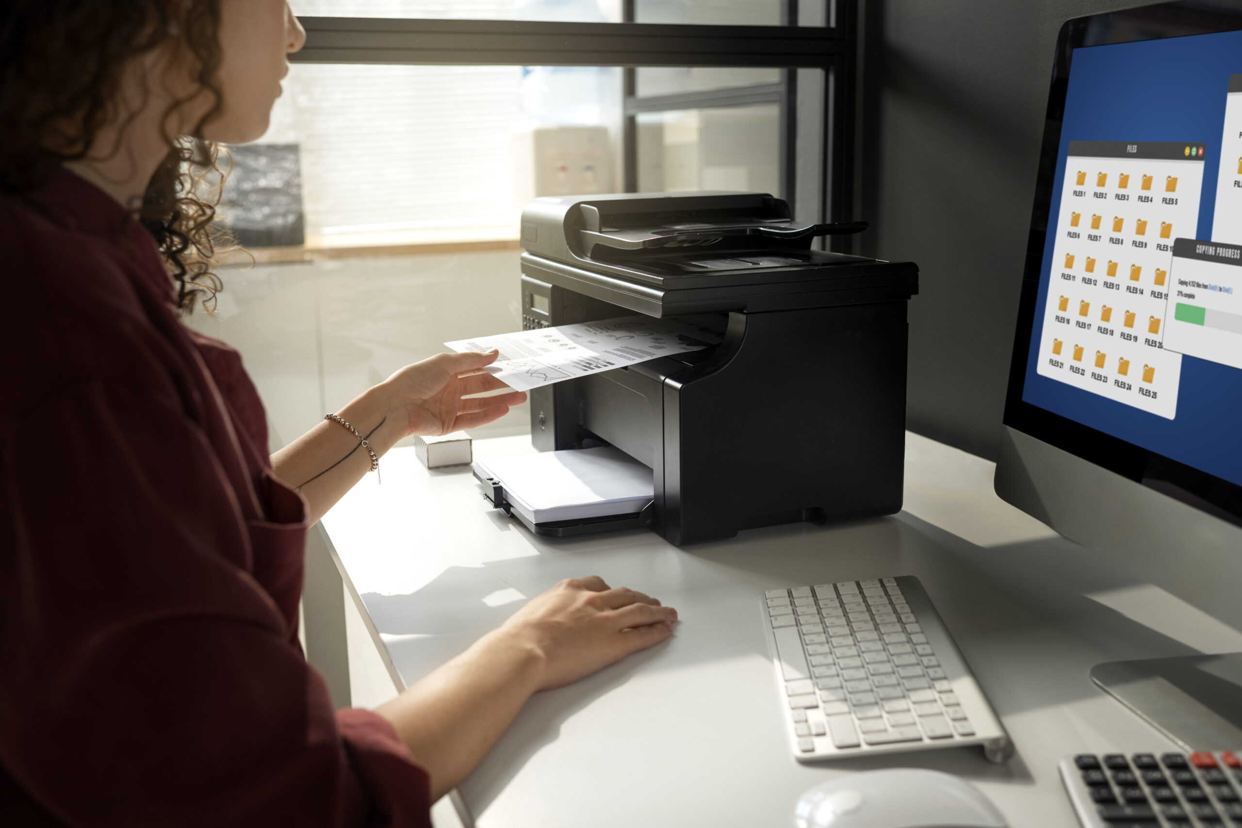 Woman working with a home printer